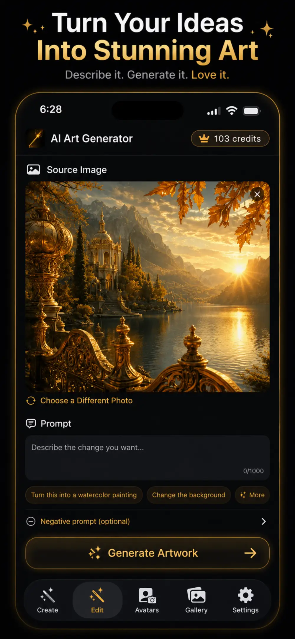 ArtGenie AI photo editor restyling a photo into golden fantasy artwork